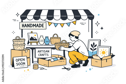 Artisan market stall setup. A person carefully arranging crafts, baskets, and artwork before opening the stall. Quiet preparation moment with