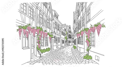 Charming european street with wisteria in black and white line art style