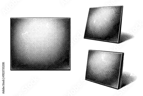 Album cover vinyl sleeve, a single square record sleeve shown in front view, slight angled view, and three-quarter perspective view within