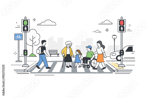 Pedestrian and road safety. A clear street scene with crosswalks, traffic lights, and pedestrians safely crossing, emphasizing accessibility