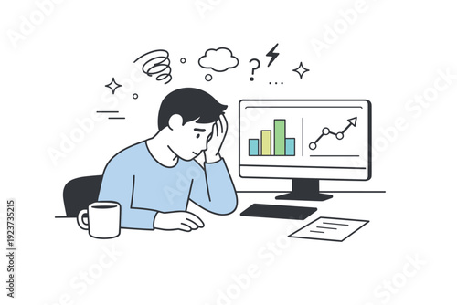 Work Overload. Mental fatigue at work. A character holding their head while looking at simple charts on a screen, with floating symbols showing overload and