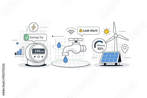 Future-ready utilities. Simple physical objects paired with abstract AR grids, icons, and markers, suggesting helpful digital layers in real life.