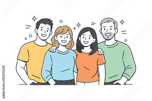 Happy people smiling. A small group of people smiling warmly and standing together in a relaxed pose. Positive emotions and friendly energy