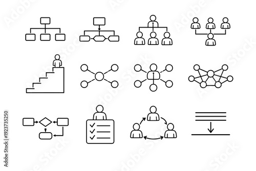 Organizational Structure. Line icon set of Organizational Structure: org chart hierarchy, reporting lines, management levels, team structure blocks, corporate