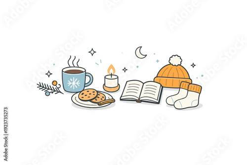 Minimal winter cozy concept. A small set of symbolic winter comfort items placed with generous white space, focusing on calm and warmth. The illustration feels