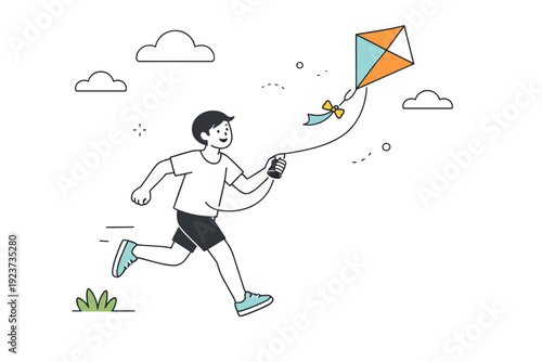 Flying a kite on a warm spring day. Person running lightly while releasing the kite string, smooth motion and playful energy, clear sky with