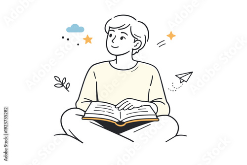 Open books mid-read. Person sitting comfortably with an open book on their lap, eyes briefly looking away. Moment of reflection and gentle