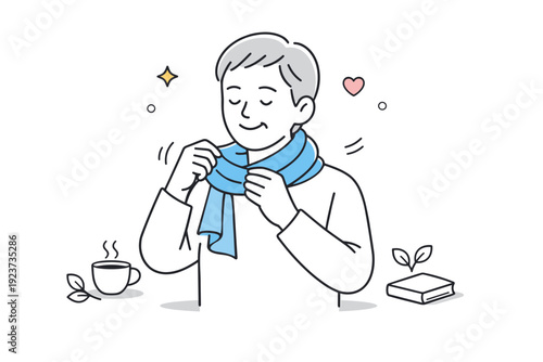 Gray hair normality. Individual with short gray hair tying a scarf calmly, relaxed everyday presence. Embracing natural aging with quiet