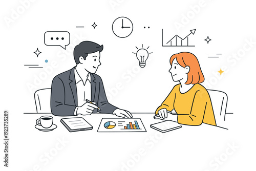 Entrepreneurs meeting with clients in a conference room. One-on-one discussion at the table with notes and charts, attentive listening and