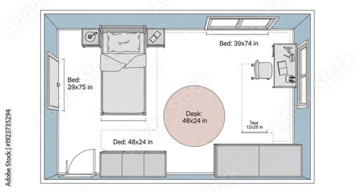 Bedroom layout with bed, nightstands, seating, and storage, floor plan design.