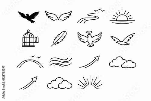 Bird symbolism. Line icon set of Bird symbolism: flying bird silhouette, freedom wings, sky path, sunrise horizon, open cage, hope feather,