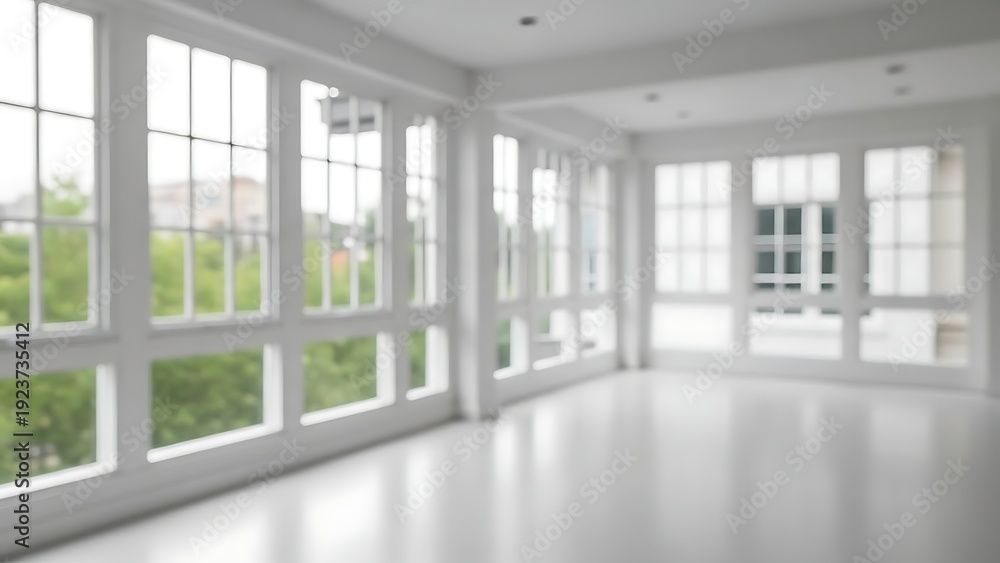 Fototapeta premium Empty room with white walls and floor and large windows interior
