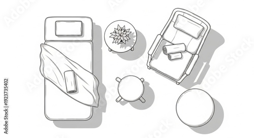 Top-down view of a bedroom with a bed, chair, and side tables, minimalist design.