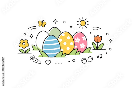 Spring holiday Easter eggs. A calm arrangement of eggs, grass-like abstract shapes, and small decorative elements suggests renewal and