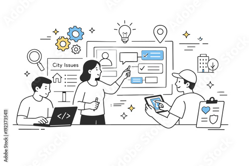 civic tech prototyping. A team working on UI sketches or code while referencing city service problems, small floating gears and stars