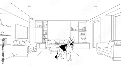 Modern minimalist living room interior with dog in linear outline style