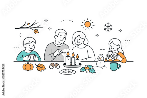 Seasonal events and holidays. A family gathered around a table with symbolic seasonal items like candles, leaves, or snowflakes. Quiet tradition and a sense of