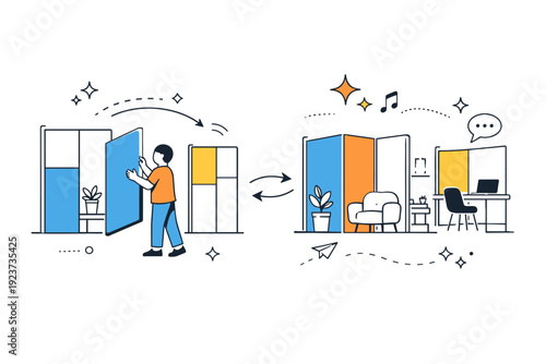 Modular room divider transformation. A person repositions modular panels to create separate spaces, abstract decorative stars and lines highlighting