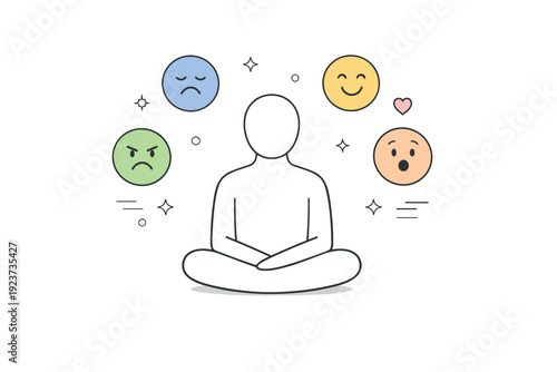 Emotional Neutrality Art. Emotional neutrality visuals. A simplified human figure surrounded by floating icons for various emotions, none activated. Inner