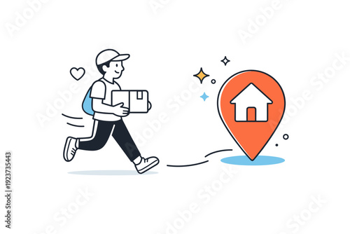 Last-mile delivery. Minimal icon illustration of a courier carrying a small parcel toward a home marker, representing fast and friendly final delivery. Sense