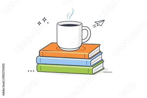 Cups left on surfaces. A mug placed on stacked books, slight ring mark beneath it. Quiet everyday realism and gentle imperfection. Minimalist