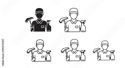 Window cleaner glyph and line icon collection. Includes male cleaner with squeegee and spray bottle. Created in solid black and outline styles with a monochrome palette.