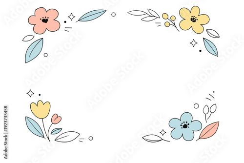 Minimal wedding backdrop. Abstract flowers and leaves gently framing empty central space for text. Calm, modern romance and