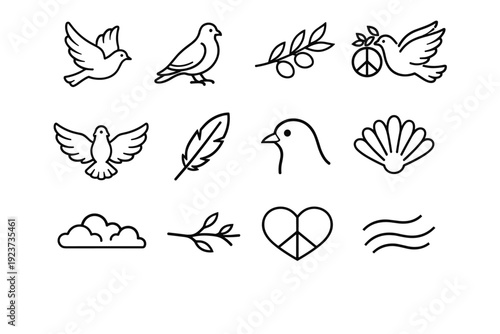 Dove. Line icon set of Dove: dove bird flying, dove perched, olive branch, peace symbol dove, wings spread, feather, beak profile, tail