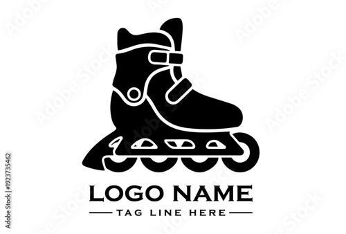 Black and white graphic illustration of an inline skate with a customizable logo and tagline on a clean white background.