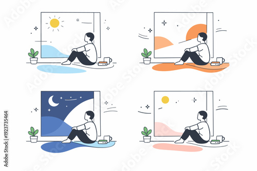 Time passing concepts. Person sitting by a window as light changes gradually, abstract sun and shadow shapes drifting across the scene.