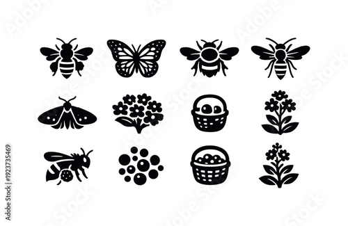 Pollinating Insects. Filled icon set of Pollinating Insects: bee with pollen, monarch