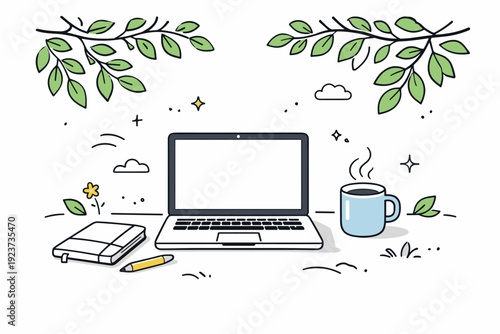 Laptop work in shaded gardens. Minimal outdoor setup with laptop, notebook, and cup placed beneath leafy branches. Serene editorial scene
