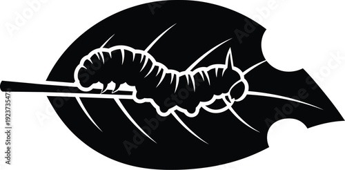 Caterpillar silhouette chews on a leaf edge representing agricultural pest.