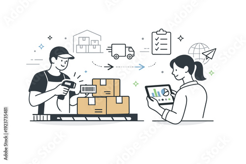 Logistics planners and operators. Operator scanning packages while planner monitors data on a tablet. Smooth cooperation between physical
