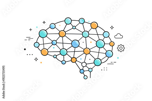 Artificial intelligence concept. Abstract brain shape built from simple connected circles and lines, gently glowing with activity. Editorial visualization of
