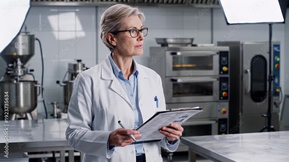 custom made wallpaper toronto digitalA senior female scientist in a lab coat reviews data on a tablet in a modern industrial kitchen setting with stainless steel appliances