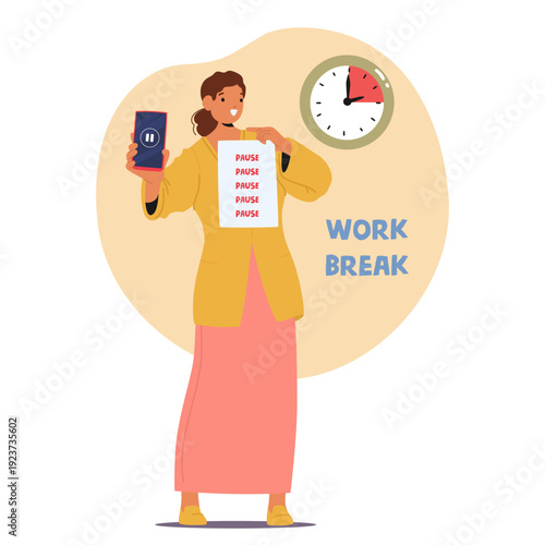 Female employee character consciously taking pause and work break from her smartphone to recharge
