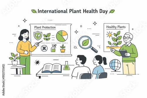 International Plant Health Day. A friendly educational scene with people learning about plant protection through charts, plants, and simple visuals. Calm,