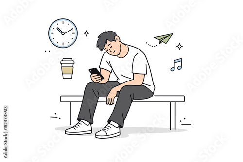 Slouched relaxed positions while waiting. A person sits with shoulders dropped and head slightly tilted, passing time calmly without urgency.