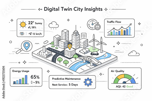digital twin city insights. A smart city interface with graphs, weather, and infrastructure metrics over a 3D map, abstract floating stars and line icons