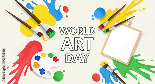 Vibrant world art day celebration with paintbrushes palette and canvas on colorful splattered background