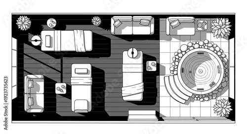 Top-down view of a modern house with a jacuzzi and bedrooms.