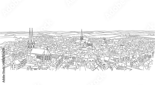 Panoramic linear cityscape with historic architecture and rolling hills in black and white