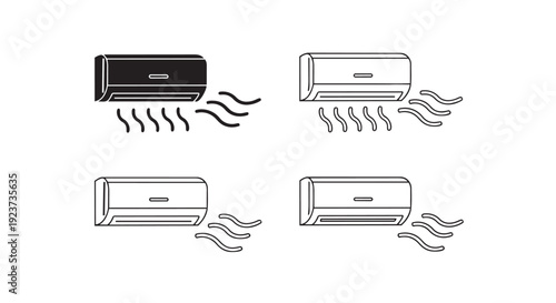 Air conditioner line icon collection. Includes black and white split system units with air flow. Created in outline style with monochrome palette.
