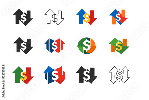 Monetary policy. Icon set. Set Logo of Monetary policy: interest rate arrows. harmonious logo variations of the same emblematic concept, each