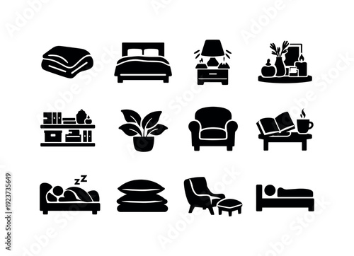Collection of bedroom and living room furniture and decor icons in black silhouette