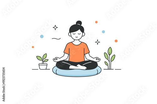 Mindfulness and meditation. A quiet scene with a person meditating on a cushion, surrounded by minimal plants and floating dots. Calm balance and grounded
