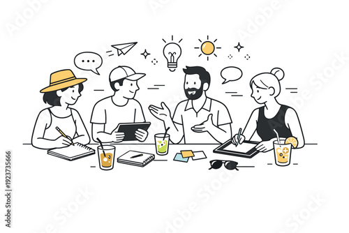 Creative agencies in summer mode. Team brainstorming around a table with sketchpads, tablets, and iced drinks. Easy collaboration and fresh ideas flowing in a