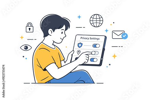 Online privacy settings. A person reviews privacy controls on a tablet, adjusting toggles with a focused but relaxed posture. The mood