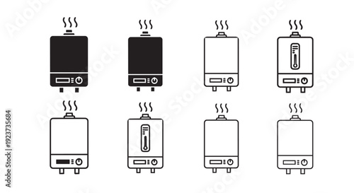 Water heater vector icon collection. Includes electric, gas, and tankless water heater symbols. Created in solid and outline styles with a black and white palette.